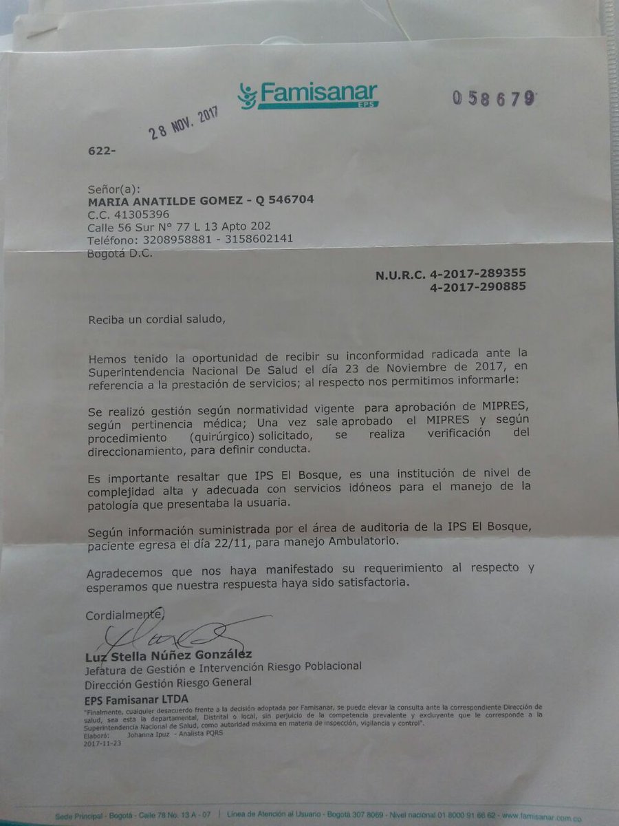 AngeloTheTrue's tweet photo. Ni con tutelas la eps @EPS_Famisanar da solución a una paciente mayor la cual tiene un Tumor en riñón. Es necesario una cirugía que compromete riñón y vejiga, Famisanar autorizo el proceso pero nunca lo realizaron por que dicen ser una cirugía no POS y Alto costo. @moliverag https://t.co/ahJQbUCdqs