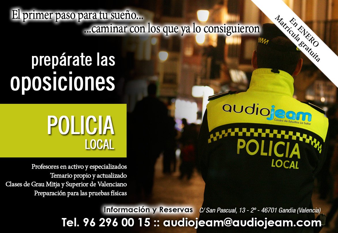 Audiojeam's tweet photo. Quieres ser Policia??? @PLGandia @policialocalvlc en 2018 te preparamos!!!!
#Oposiciones #oposiciones2018 #opositores #policialocal .. Pide información!!! https://t.co/BIJyKDLGCA