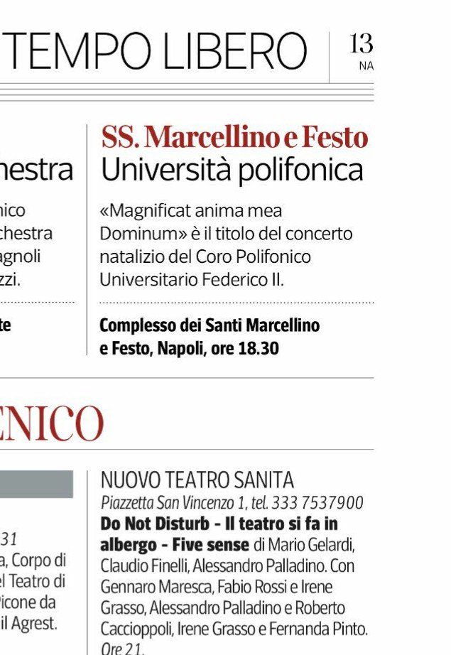 Sul <a href="/corrmezzogiorno/">CorriereMezzogiorno</a> di oggi, il nostro #concerto che si terrà nel pomeriggio al Complesso dei SS. Marcellino e Festo, alle 18.30.