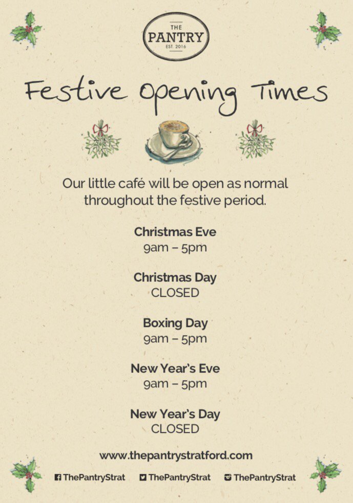 Our doors are open, our milk is frothing and our treats are tempting!!! 

Check out our opening times to make sure you can squeeze in a relaxing coffee over the next manic week! ☕️
