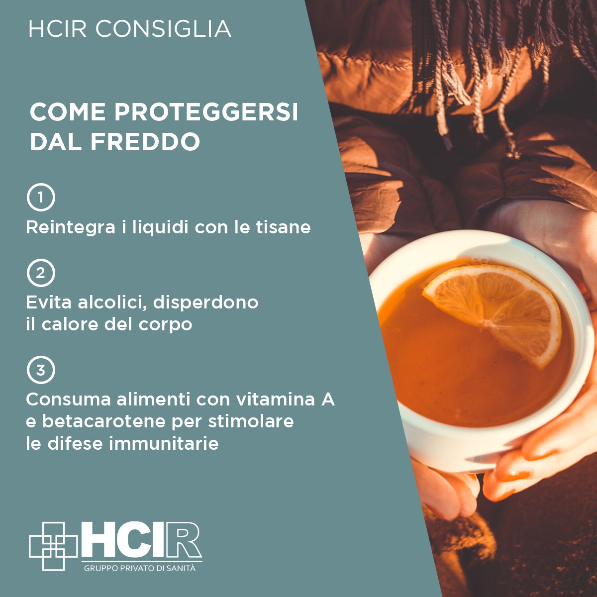 HCIR_Rome's tweet photo. Paura di soffrire il freddo e il gelo? ❄⛄ Ecco tre consigli da tenere a mente.

#HCIRConsiglia #UnNuovoModoDiFareSanità https://t.co/JtoHK06uWv