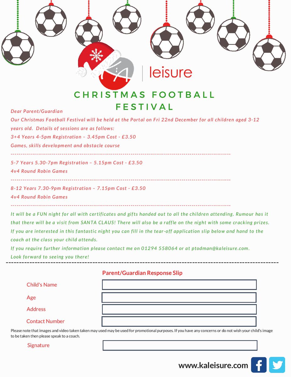 KALeisure's tweet photo. Christmas Football Festival
Today at the Portal! Few spaces!
Email Paul Todman on 01294 558064 or ptodman@kaleisure.com https://t.co/tmGbxTXZc5