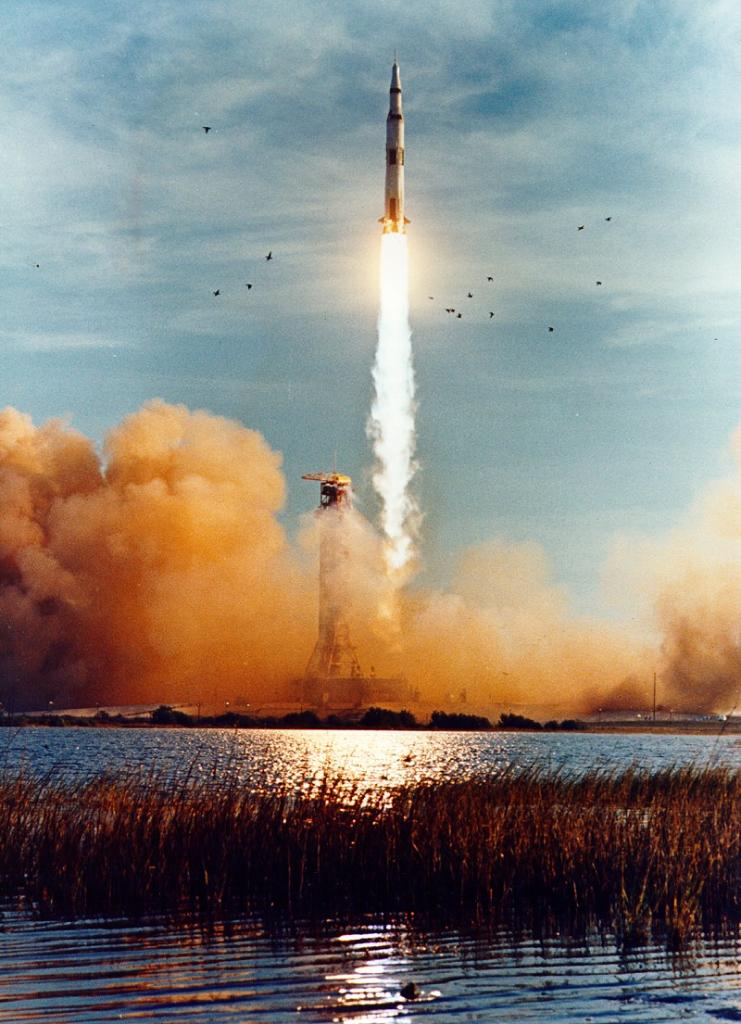 NASAhistory's tweet photo. Apollo 8 launched #Now (7:51 am EST December 21) in 1968 with astronauts Frank Borman, Bill Anders, and Jim Lovell. This was the first crewed spacecraft to travel beyond low Earth orbit and to orbit the Moon. More on Apollo 8: https://t.co/BLgCOPcCSK https://t.co/ClPRrZO80V