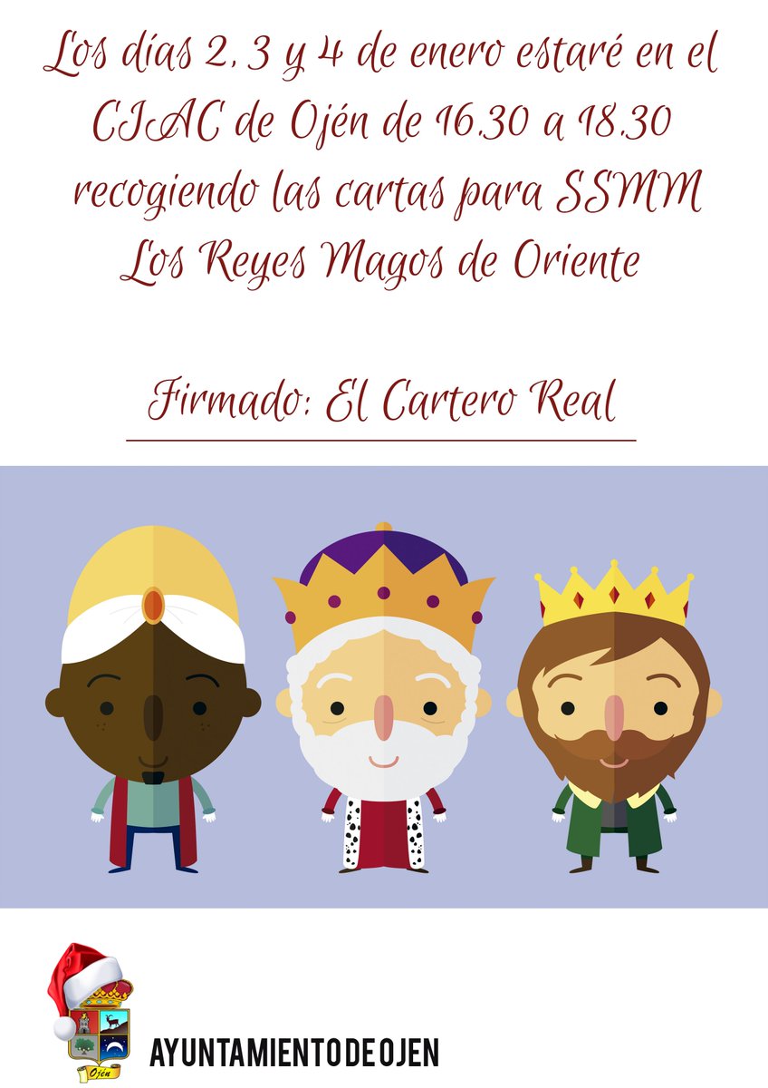 ¡Atención! Nos acaba de llegar al <a href="/AytoOjen/">Ayuntamiento de Ojén</a> este mensaje del Cartero Real. Dice que los días 2, 3 y 4 de enero estará en el CIAC de 16.30 a 18.30 recogiendo las cartas de los niños para dárselas personalmente a SSMM Los Reyes Magos de Oriente #Navidad #Ojén