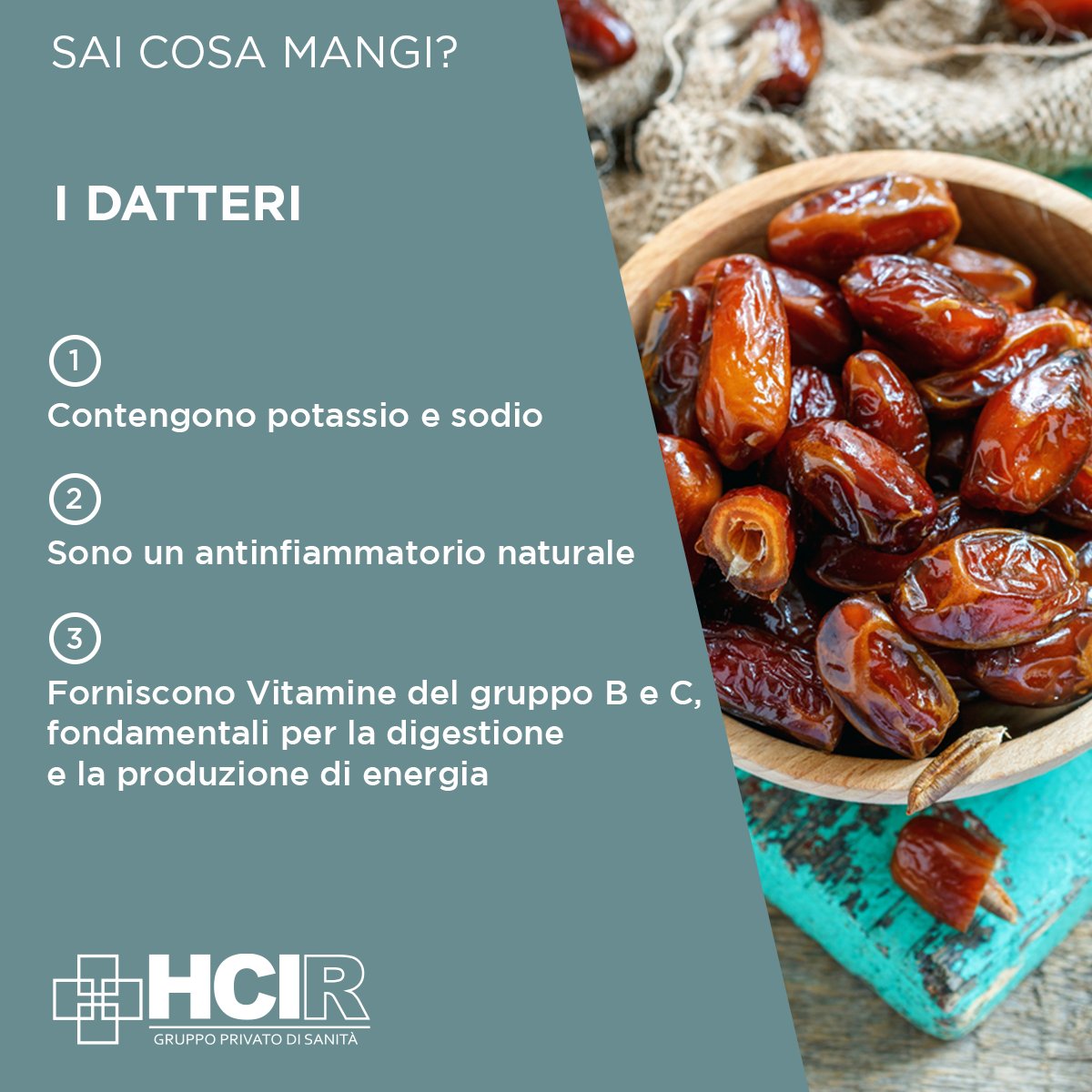 HCIR_Rome's tweet photo. Perché dovresti mangiare i datteri durante queste festività? 🎄 Ecco alcune qualità di questo alimento.

#HCIRConsiglia #UnNuovoModoDiFareSanità https://t.co/9FtXmjDNbB