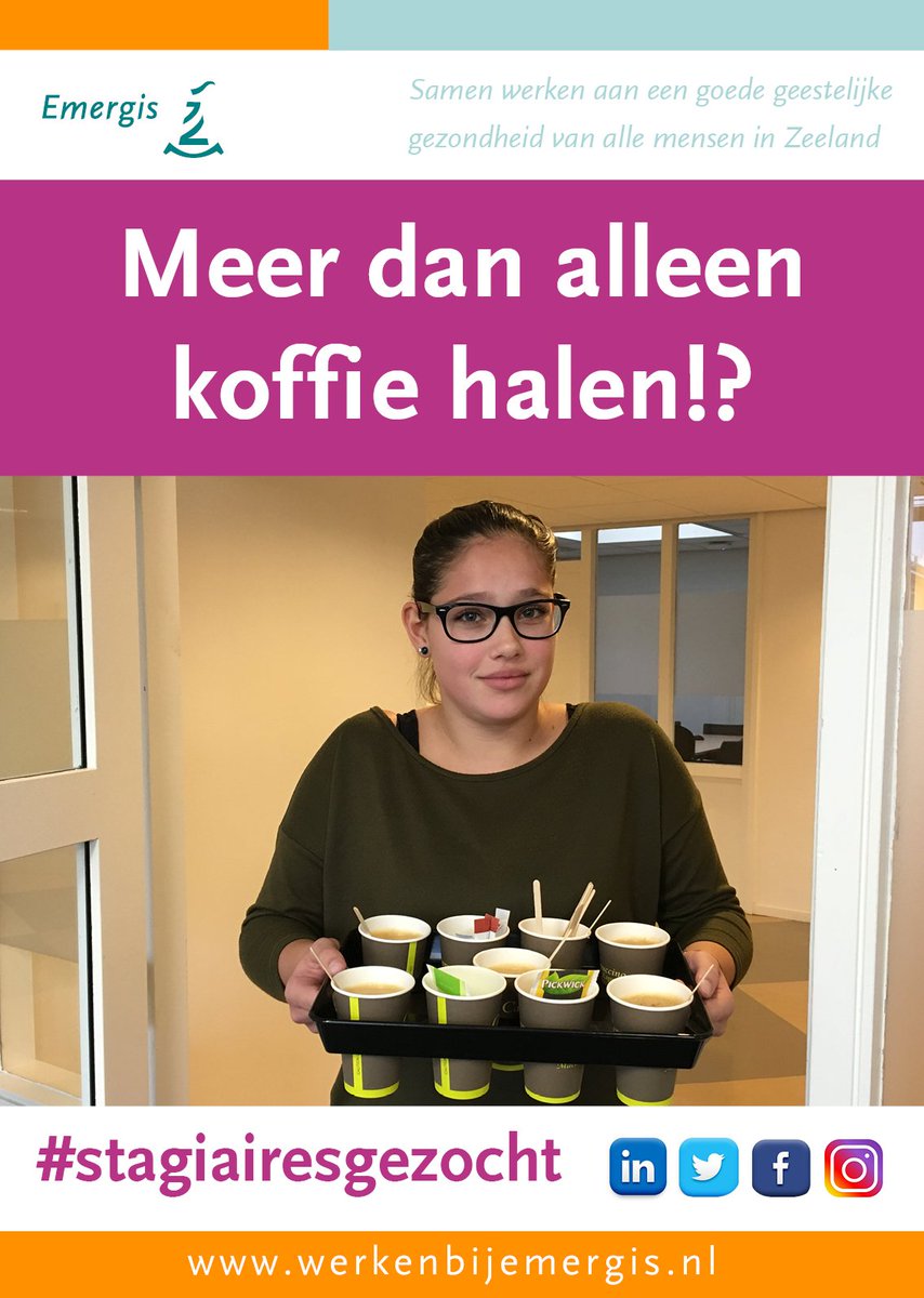 Stage lopen bij Emergis = meer dan alleen koffie halen!
Zoek je nog een leuke stage? Emergis heeft diverse stageplaatsen  beschikbaar voor studenten van o.a. zorg- en welzijnsopleidingen, psychologie en social work. #stagiairesgezocht
Meer informatie: werkenbijemergis.nl