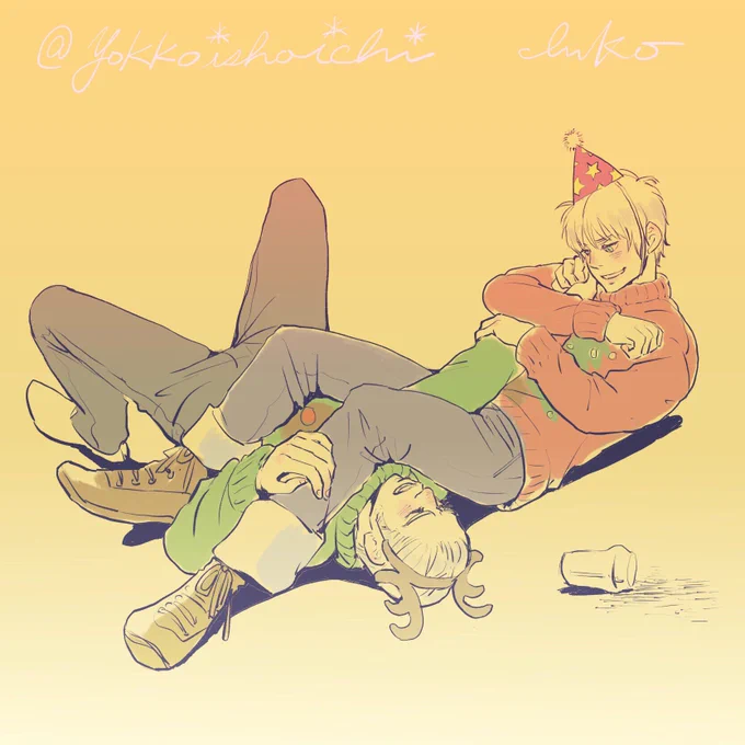 #APHコンビ版深夜のお絵描き60分一本勝負
@hetaknb 
酒乱組 de [ 腕組み ]

腕組みかと思ったらアームロックだった 