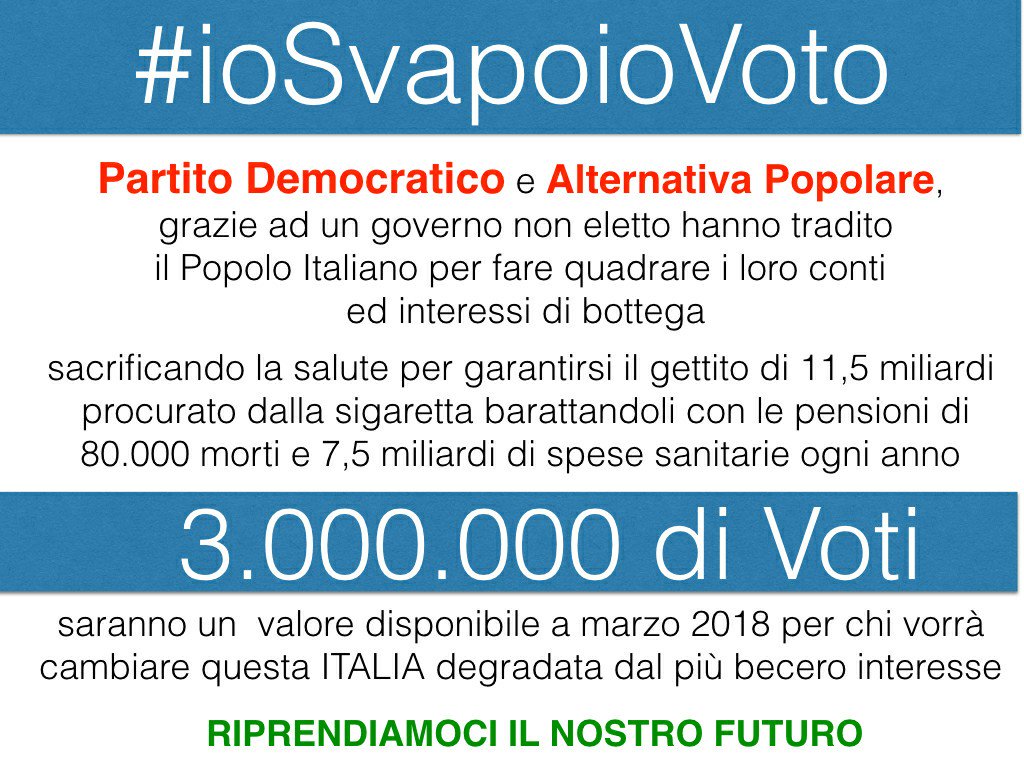 BusielloRocco's tweet photo. #ioSvapoioVoto

Lo Svapo nuoce gravemente alle tasche delle Stato !!! https://t.co/arsPdWFHKk