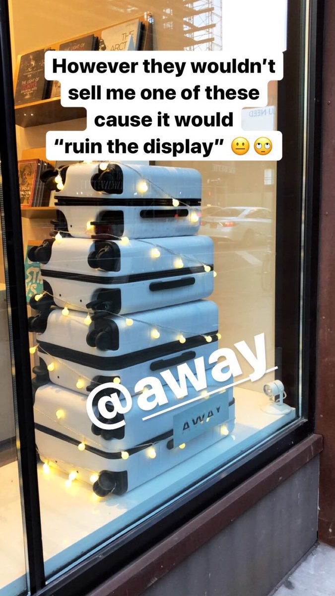 MartinCoady's tweet photo. @away Your Bond St NYC store had almost nothing in stock. Brand new suitcases sitting in a window with lights strung in them aren’t precious Christmas decorations! You lost a sale. #away https://t.co/xBJnYAL9lg