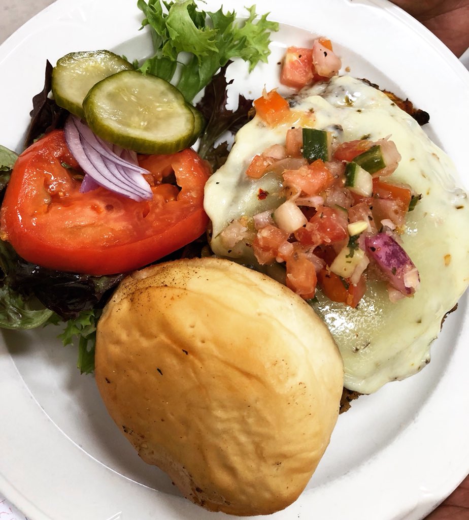 Burger, YES Please! 🍔CCSC’s Black Bean Burgers-with Pepperjack and Pico de Gallo, served on House-made Bun with a side of fries or salad.