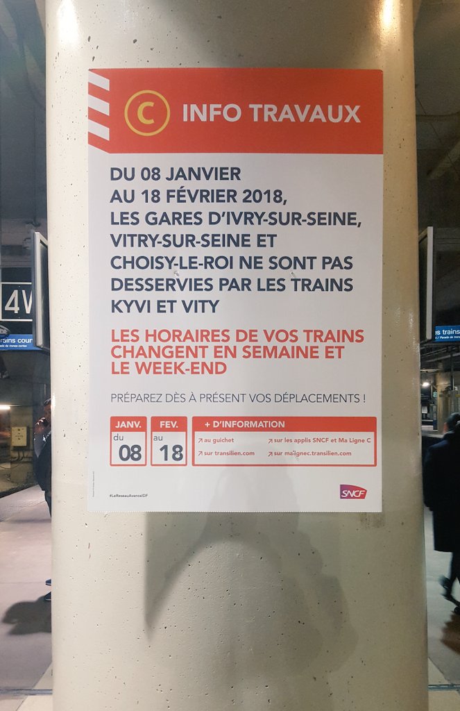 MissMuhja's tweet photo. .@RERC_SNCF Enfin une communication digne de ce nom !! D'habitude, ces panneaux sont toujours dans un coin et on ne les voit jamais ... #bravo #ilfautledireaussiquandcestbien #RERC #SNCF #qml #Monwagon #infotravaux #Vitry https://t.co/zGit5rMlWN