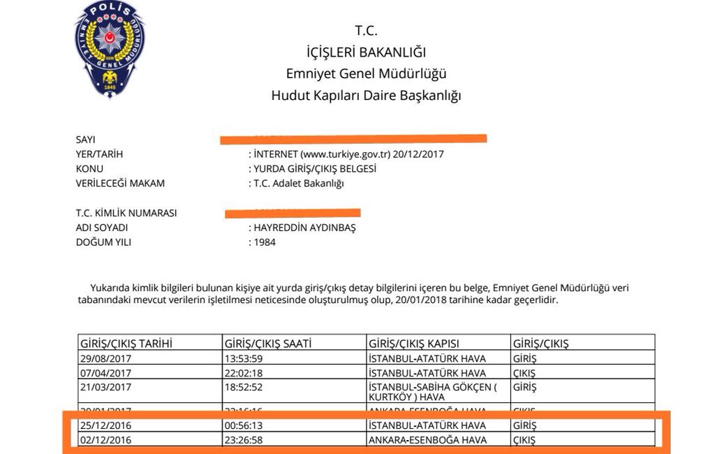 4. Bu gerçeğin kanıtı olarak e-devletten alınan yurda giriş çıkış tarihleri belgesini kamuoyunun dikkatine sunuyoruz.