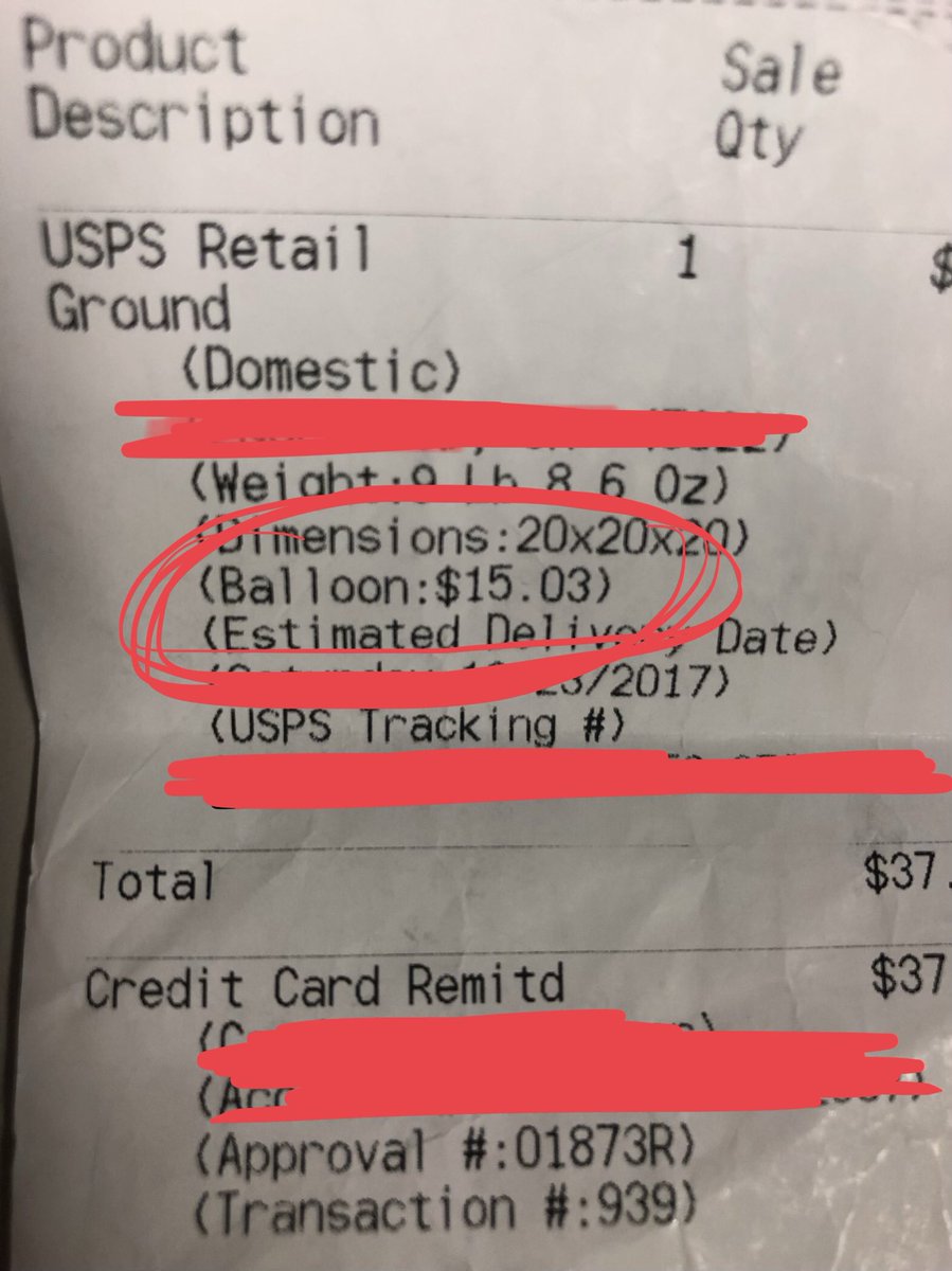 elizasaurus's tweet photo. @USPS I guess you make your money during the holidays by charging people for things they didn’t buy. $15.00 for a ballon? unreal. And before I can even question you you’re on to the next customer. AWFUL. https://t.co/SvQHddaTVw
