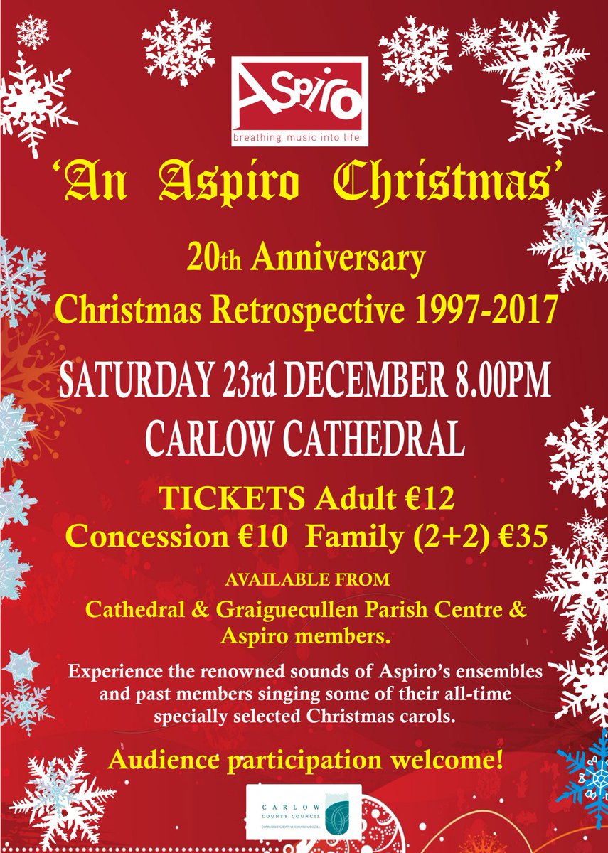 aspirochoir's tweet photo. 20th Anniversary Christmas Retrospective Concert Sat 23rd December 8pm Carlow Cathedral.  #SingIreland @CreativeCarlow @SchoolChoirs120 @BishopDNulty @LoveCarlow @CWnationalist @aoicireland @carlowtourism https://t.co/iLzOjpTqhT
