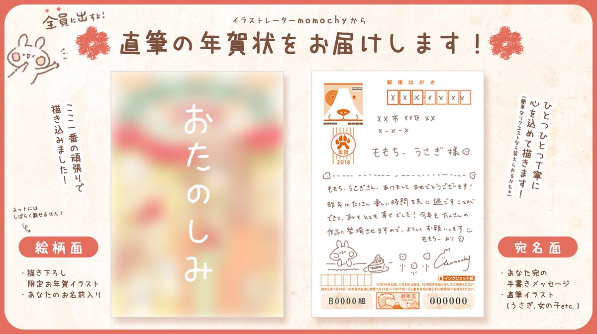 Momochy 池袋ｶﾌｪ展示30日まで 全員に届く お年賀企画 Momochyから直筆の年賀状をお送りします 限定描き下ろしイラスト 手書きメッセージ 手描きイラスト の3大特典で お申し込みいただいた方全員にとっっても丁寧に書かせていただきます