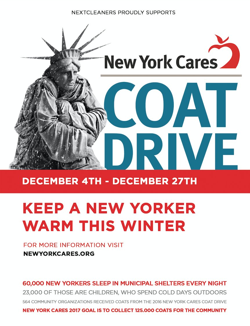 nextcleaners's tweet photo. There's still one week left to help New Yorkers in need. Drop off new or used coats in the collection bins at any NextCleaners location through Wednesday, 12/27. https://t.co/EBaiDgfQuF