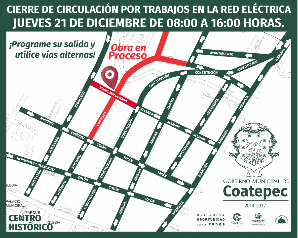 Coatepec_Gob's tweet photo. Le invitamos a programar su salida y utilizar vías alternas. Este jueves 21 de diciembre se realizan trabajos en la red eléctrica de la calle 5 de Mayo, a la altura del puente de La Granja. 

La circulación vial se encuentra interrumpida desde las 08:00 hasta las 16:00 horas. https://t.co/lsAcT8xOKP