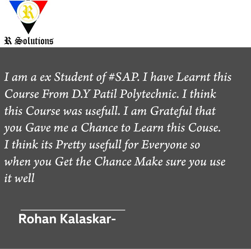 rsolutionspl1's tweet photo. Rohan Kalaskar Reviews https://t.co/XzDL0BbuCa
Reviewed For:- SAP Training
#sap #rsolutions #SAPtraining #reviews https://t.co/Ib8EpEexRC