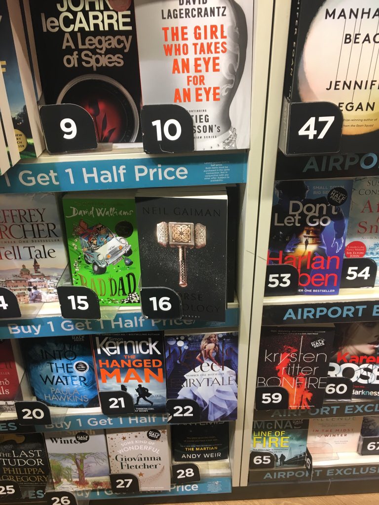 Heathrow Terminal 3. I just stealthily signed all the copies of Norse Mythology I could find at @WHSmith and bookshop. Plus an American Gods and a Neverwhere I spotted. I hope they will surprise weary travelers or make good presents.