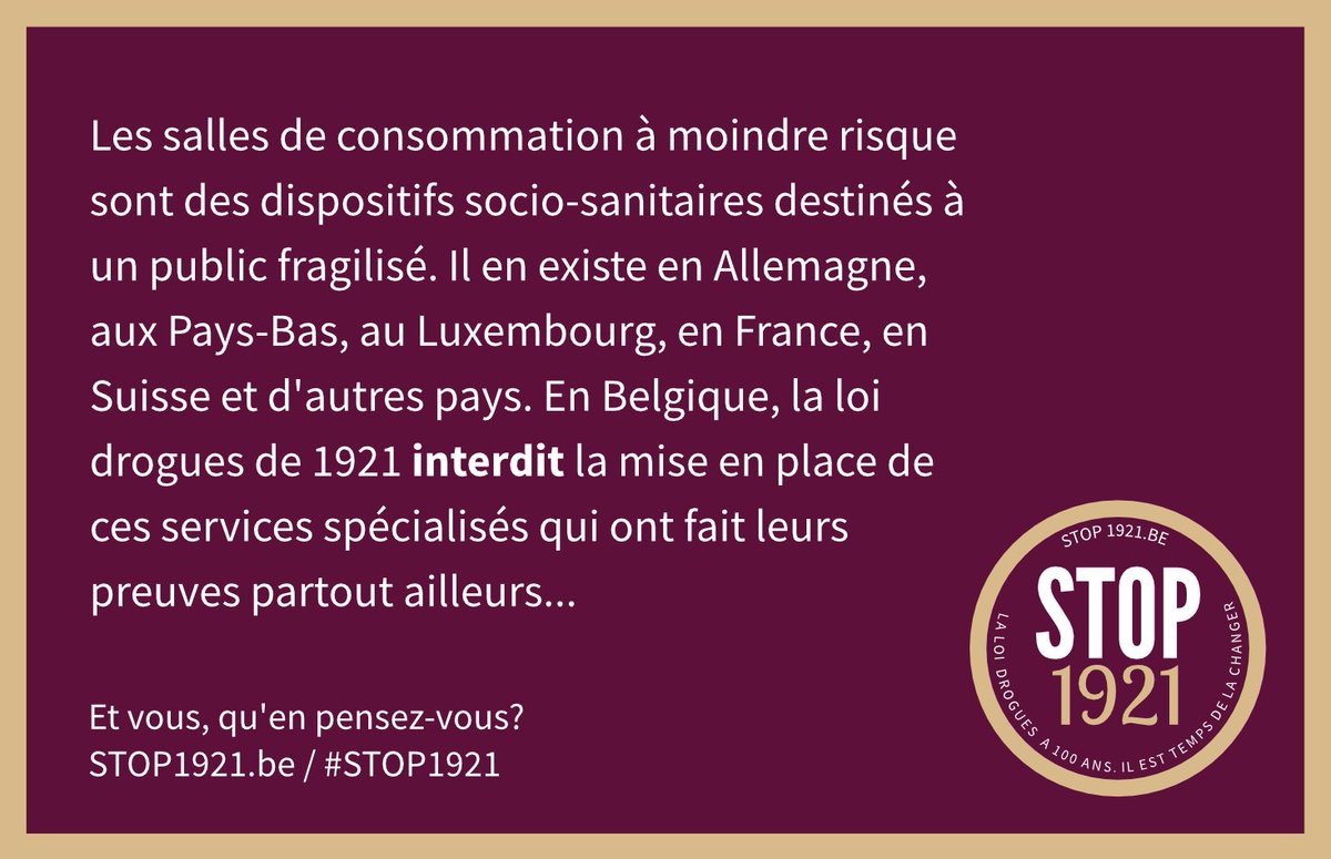 En Belgique, la loi de 1921, INTERDIT la mise en place de salles de consommation à moindre risque... #STOP1921 #SCMR #RdR #santépublique