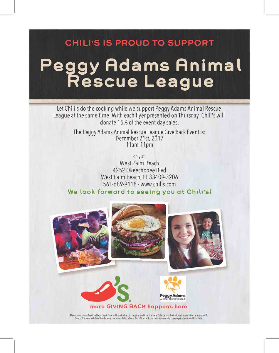 PeggyAdamsARL's tweet photo. Don't forget! Today is the Give Back event at Chili's in West Palm Beach. Stop by and grab a bite to eat between 11:00 AM - 11:00 PM, mention this flyer to your server, and 15% of proceeds will go back to Peggy Adams! https://t.co/zH28ZTKoSJ #peggyadams #chilis #givebackevent https://t.co/4Ofvsmslwb