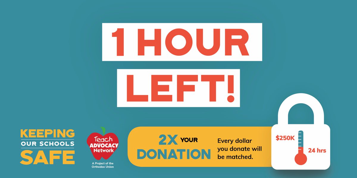1 hour left! Help us reach our goal of raising $250,000 – the funds raised will enable us to continue advocating for school security for our kids. All donations doubled! Clock’s ticking…donate now: TeachAdvocacy.org/Giving