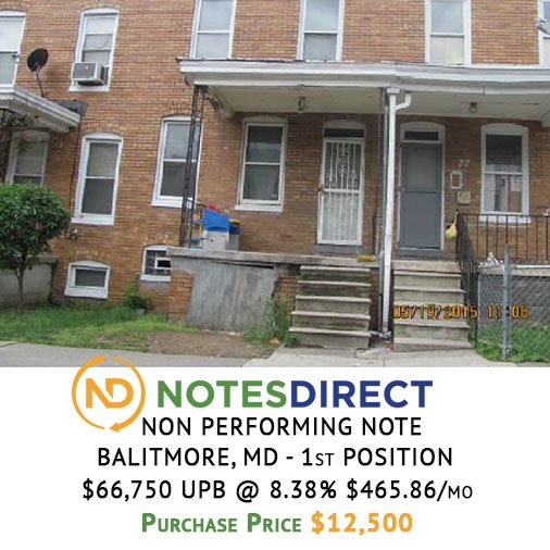 NotesDirect's tweet image. Non-Performing Baltimore Note For Sale - 1st Position
$66,750 UPB at 8.38% for $465.86/mo - $25,000 BPO as of November 2017
Purchase Price: $12,500

For more information, visit notesdirect.com
#NoteInvesting #SDIra #NonPerformingNote #MarylandNote