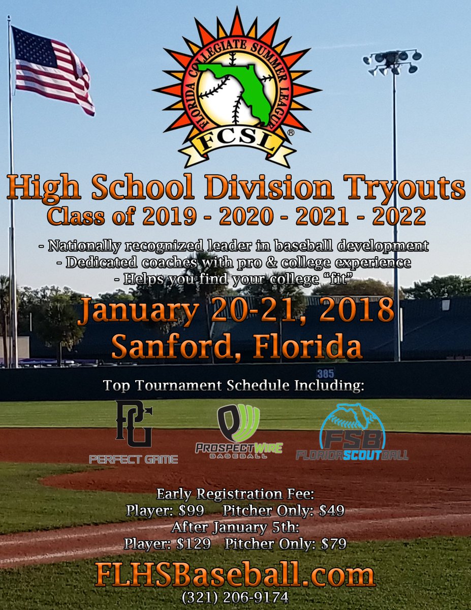 floridaleague's tweet photo. Registration is live for our 2018 High School Division Tryouts! Sign up before January 5 and receive a $30 discount! @FLHSBaseball https://t.co/LgUCHfpA4e