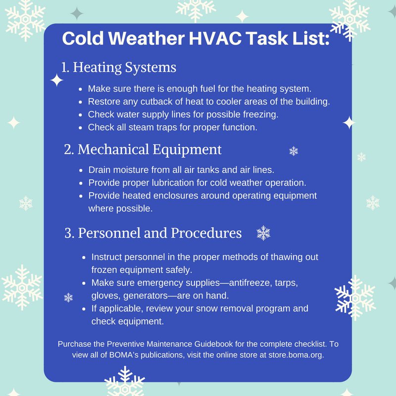BOMAIntl's tweet photo. Winter is here: Before the next big cold front, conduct a building-wide evaluation of equipment in &amp; around your property. BOMA’s Preventive Maintenance Guide will help ensure that your building systems &amp; equipment are ready for the cold. Below are a few steps you can take. #CRE https://t.co/7VssSAZATl