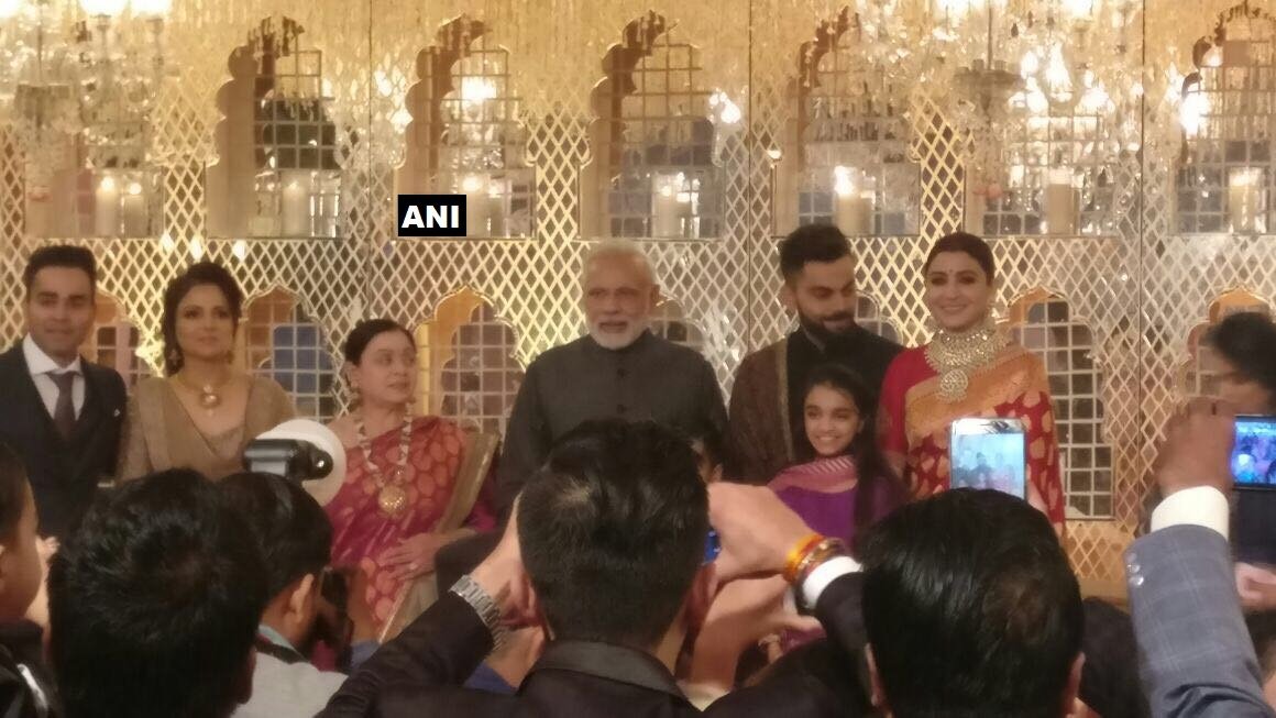 Prime Minister Narendra Modi at Anushka Sharma and Virat Kohli's wedding reception in Delhi (ANI)

#Virushka #VirushkaReception