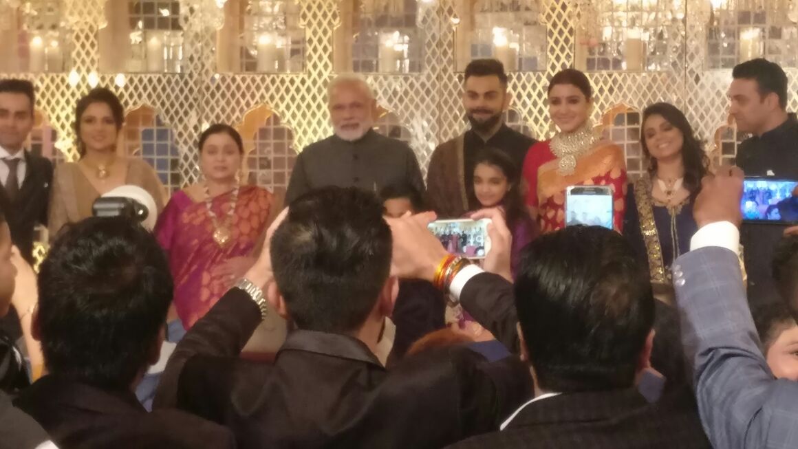Prime Minister <a href="/narendramodi/">Narendra Modi</a> at wedding reception of <a href="/imVkohli/">Virat Kohli</a> and <a href="/AnushkaSharma/">Anushka Sharma</a> in Delhi 

Picture Credit: ANI  

#VirushkaWEDDING