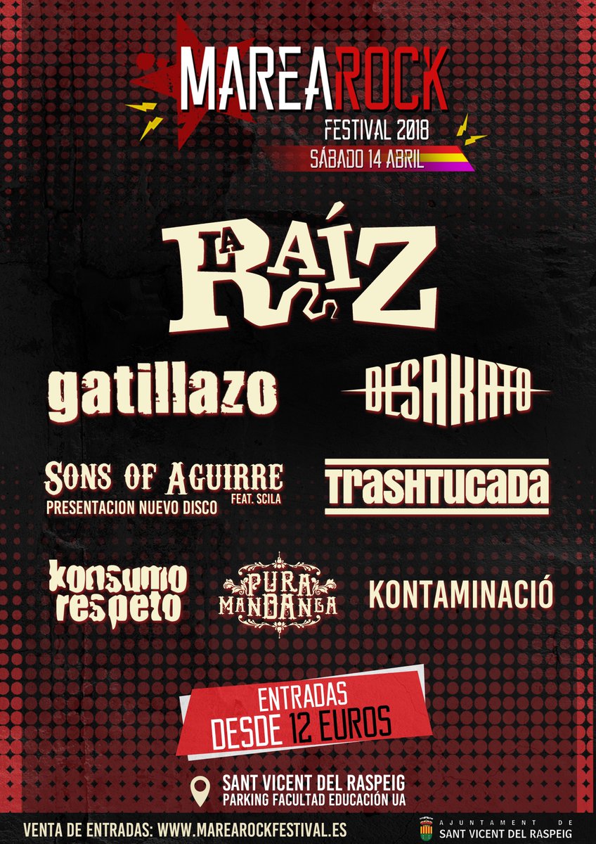 marearockfest's tweet image. 🔥¡¡Ahí va el #Marearock2018!! Celebramos el 13º Aniversario el SÁBADO 14 de ABRIL en el Parking de la Facultad de Educación de la Universidad de Alicante (San Vicent del Raspeig) con @laraizband @LOSGATILLAZO @desakatorock @SonsofAguirre @Trashtucada @Konsumo_respeto ...