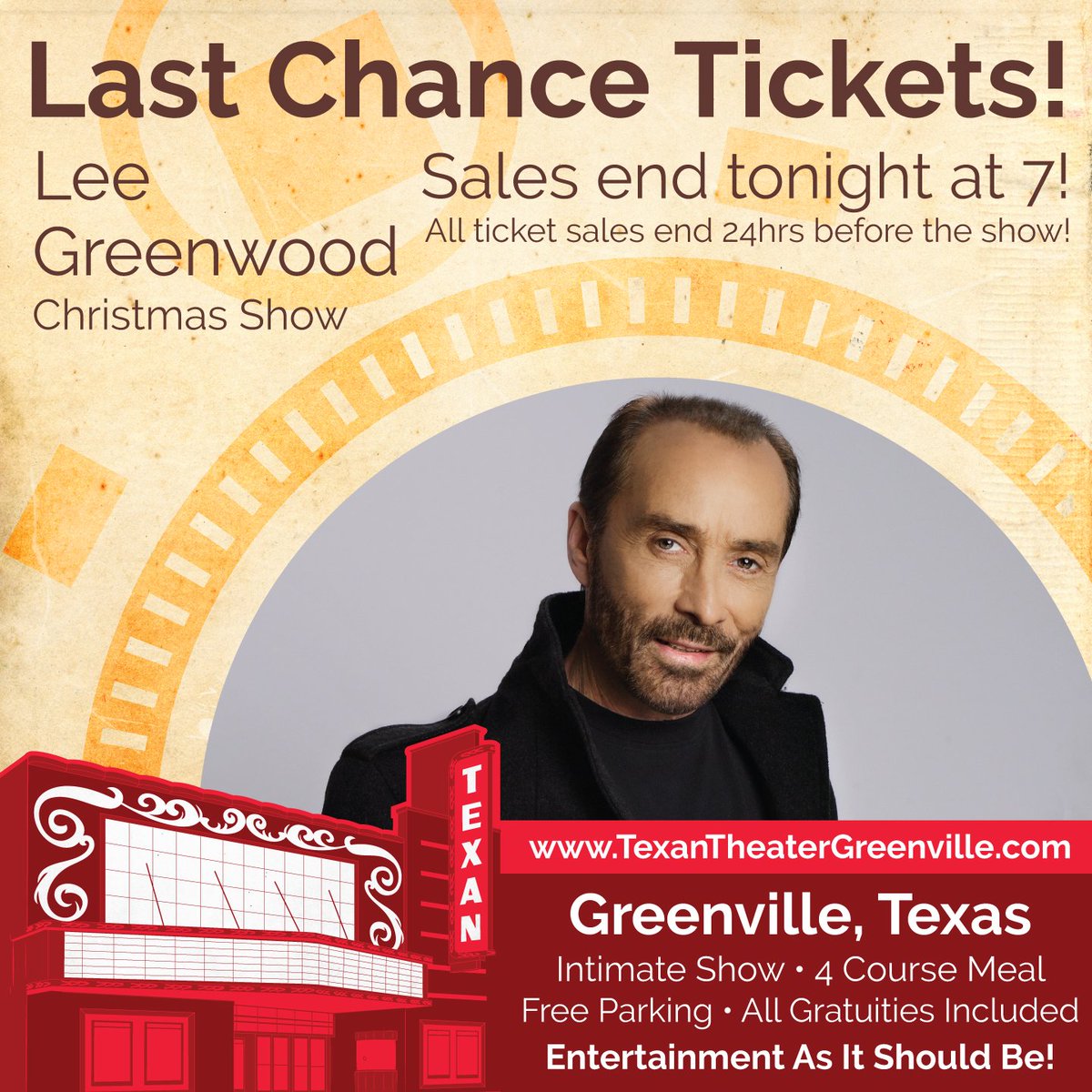 Last chance to buy tickets! | Lee Greenwood | Ticket sales end tonight at 7! goo.gl/yJiDwX Come enjoy an intimate show with close free parking, full 4 course dinner, luxurious seating, table service, and all gratuities included!