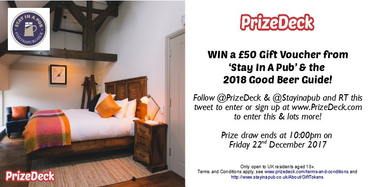 prizedeck's tweet photo. One more day to go in our Stay In A Pub giveaway - ends 10PM this Friday!
Follow @prizedeck &amp; @StayInAPubUK and then RT for your chance to WIN a £50 Gift Token for a night away...in a pub!
Winner also gets the 2018 Good Beer Guide!
Terms Apply, 18+, UK Only. https://t.co/ffHaRKStip