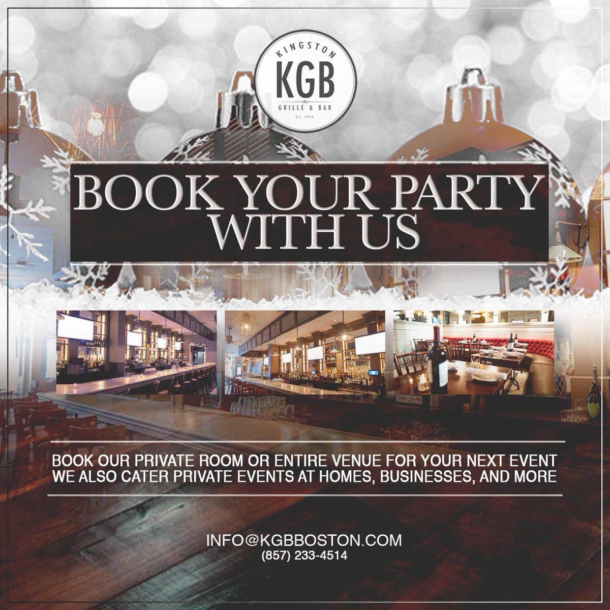 There's still time left to book your holiday party with us at #KGBBoston! Call us to reserve today! #HolidaySeason #KGB #Boston