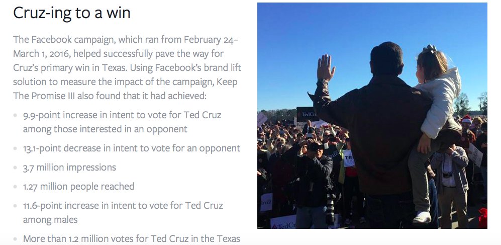 Election influence ops: Facebook cites its work for far-right Ted Cruz's PAC as a success story. "Cruz-ing to a win"  https://www.facebook.com/business/success/keep-the-promise-3