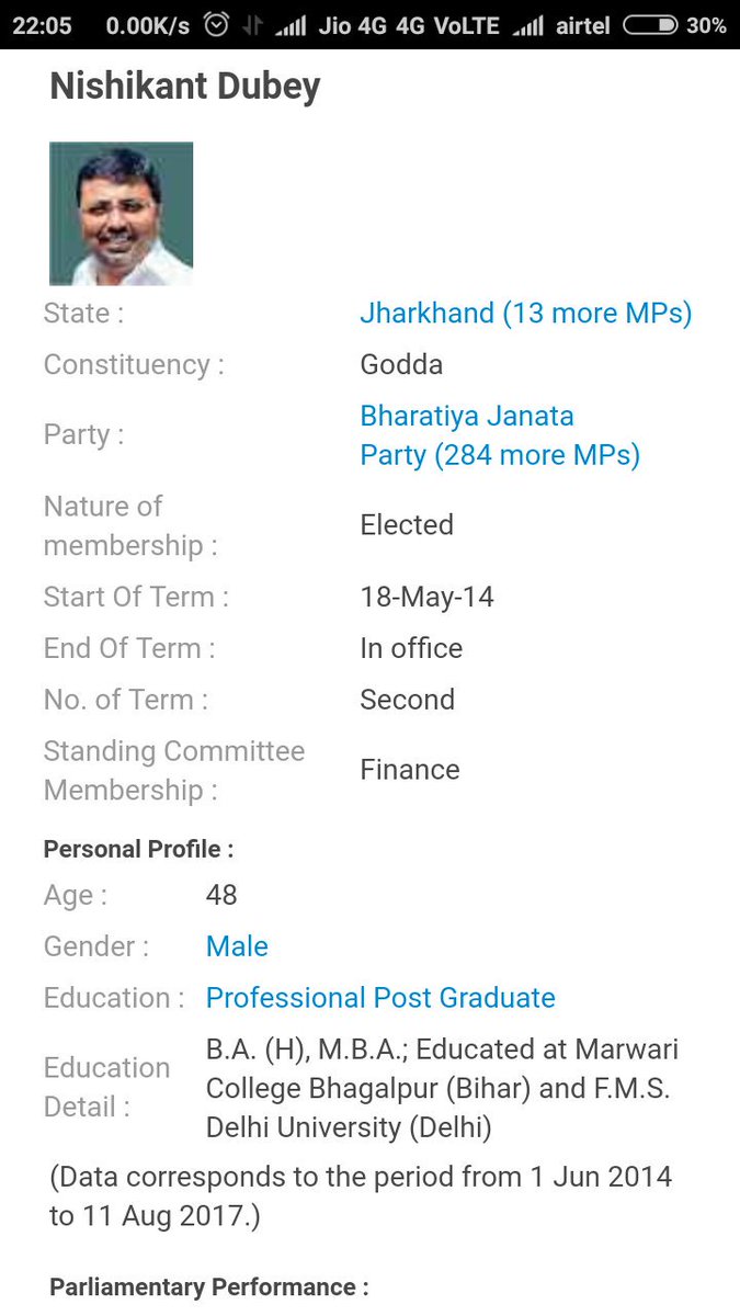 SansadMeJhar's tweet photo. #KnowUrMP Nishikant Dubey #GoddaConstituency
Debates In Which he participated in= 258
513 Questions he have asked till Aug 2017.
Source- PRS India
#SansadMeJharkhand @nishikant_dubey https://t.co/3cXTzmkKby