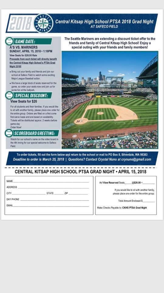 CKHSclassof2018's tweet photo. PTSA is selling Mariners tickets for only $26! Half the profit goes to us, so be sure to go see the big game! https://t.co/nC4sTuIecN