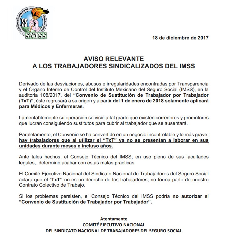 IMSS on Twitter: "El #SNTSS aclara que el Convenio 