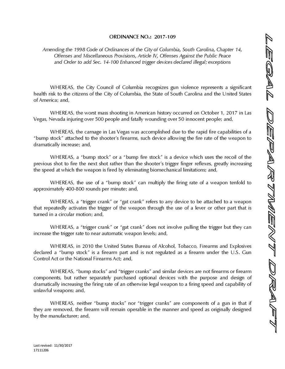 SteveBenjaminSC's tweet photo. Ordinance 2017-109, which bans the use of bump stocks and trigger cranks, in its entirety. https://t.co/OiBCepMOUJ