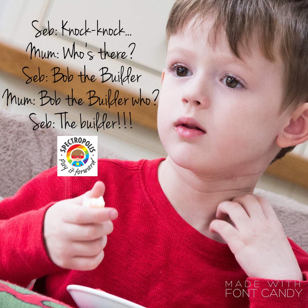 SpectropolisPIF's tweet photo. We’re working on Seb’s understanding and delivery of humour...😂😍

#autism #literalthinker #nuances #humour #knockknock #jokes https://t.co/dBHa3O6KM8