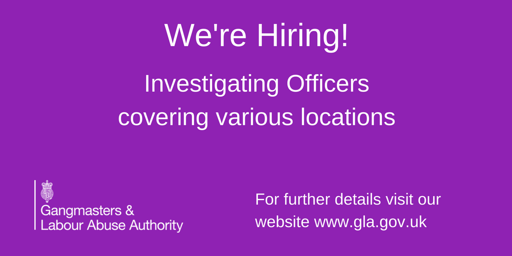 Want to join our Investigations team? We're recruiting for Investigating Officers in a number of locations including Durham, West Midlands, London, Merseyside and Northumbria. Details and all locations here: bit.ly/GLAAjobs