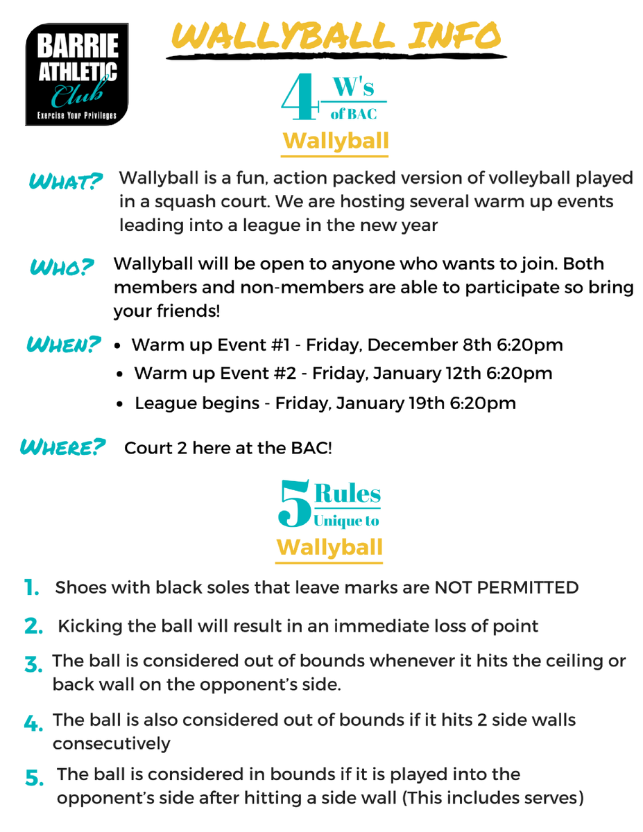 BarrieAthletic's tweet photo. We are hosting our second drop-in Wallyball event on Friday, January 12th! This event is free to BAC members and will have a $5 fee for non-members... 

Check out our Wallyball info page below for the full scoop https://t.co/1DmjqH9utY