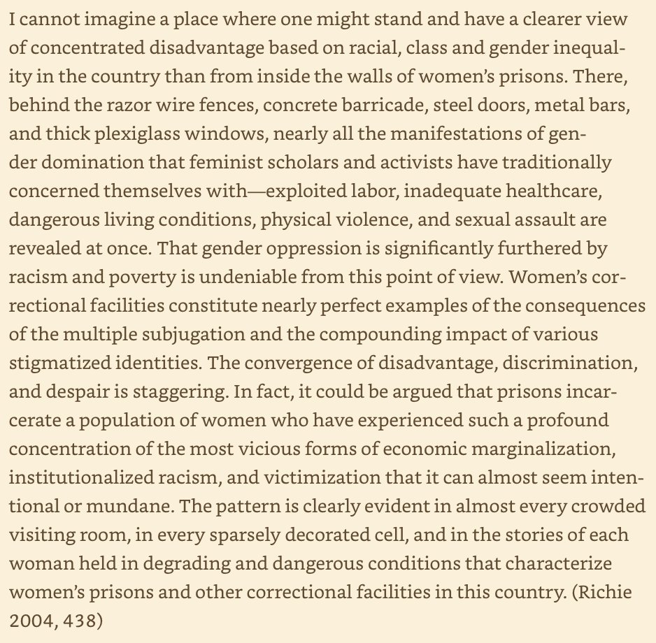 delaruelisa's tweet photo. "I cannot imagine a place where one might stand and have a clearer view of concentrated disadvantage based on racial, class and gender inequality in the country than from inside the walls of women’s prisons" (Richie, 2004) ...In Barbara Owen et al. In Search of Safety https://t.co/nraWgD61C6