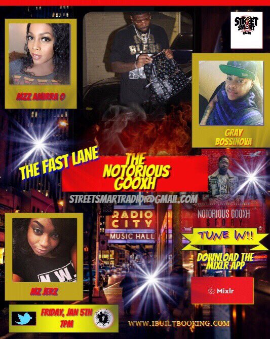 MzzAmirraO's tweet photo. 🔥🔥🔥🔥🔥 Friday, Jan. 5th, 2018, #TuneIn 2 #TheFastLane🏁 on @streetsmart_radio‼️ w/ @mzzamirraooo @gray_bossinova and @jerseycharms as we Interview Special Guest ⤵️ @the_notorious_gooxh304 🤟🏽😎 Download the #MixlrApp and Stay Tuned 4 updates‼️💯😜 https://t.co/t3cjP4087n