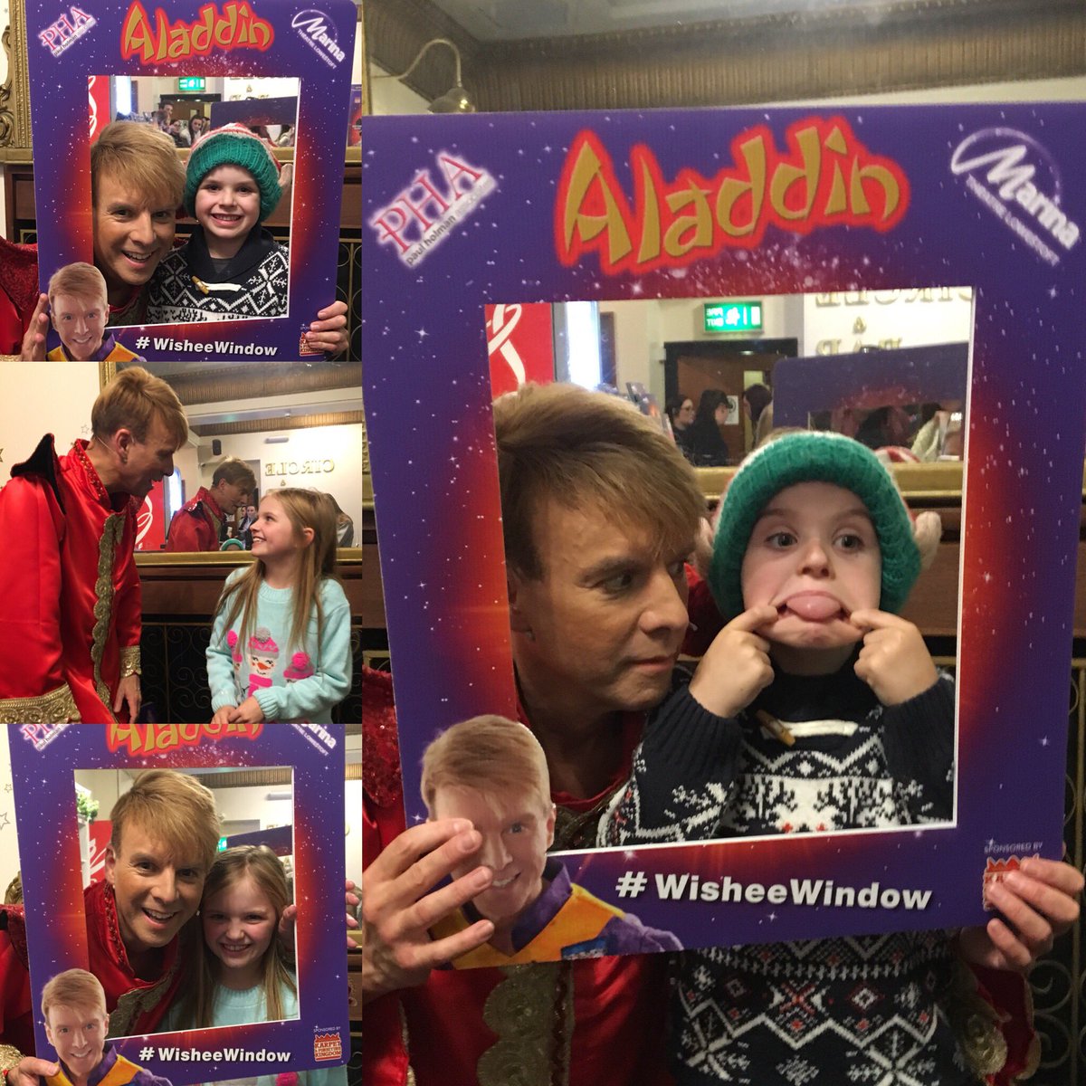 Swimbles's tweet photo. Fantastic Fun at @MarinaTheatre1 this evening! Kids enjoyed the Panto, loved meeting Wishee Washee and posing in the #wisheewindow https://t.co/6etXG69kKb