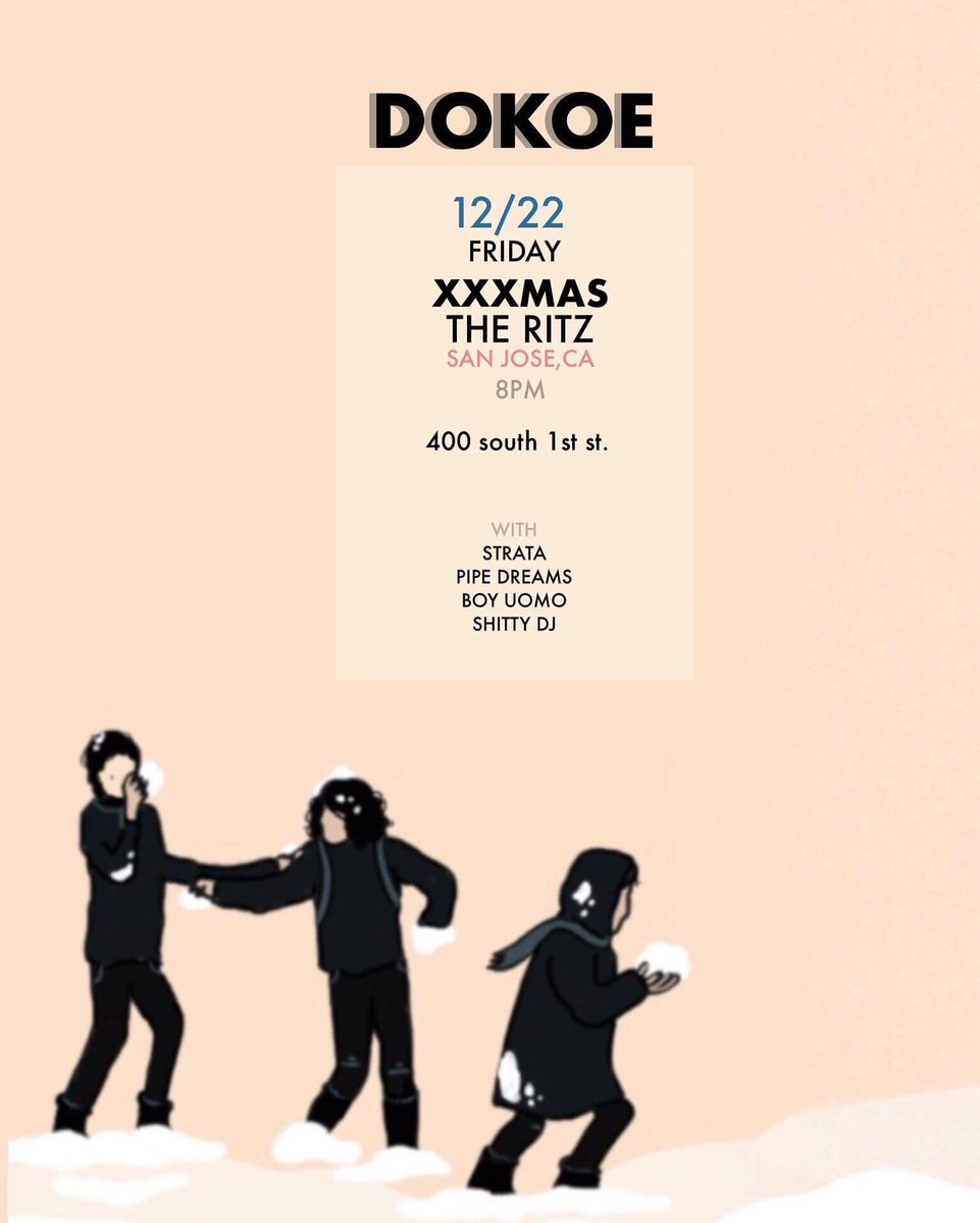'OUR FINAL SHOW OF THE YEAR ✨ will be tomorrow at <a href="/theritzsj/">The Ritz</a> with our good friends <a href="/wearestrata/">We are Strata</a> !! Come by and wear your snugly Santa hats and celebrate with us! (´u ω u`)'
#dokoe #show #theritz #liveshow #gig #sanjose #bayarea #localband #postrock #mathrock #ポストロック#ライブ