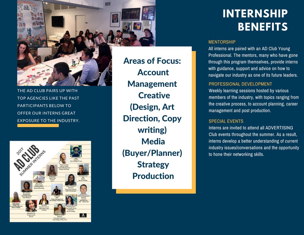 impartACNY's tweet photo. Pass this forward to smart, curious, hardworking college juniors, seniors, or graduate students looking for a paid experience in the advertising, marketing, and media industries. The AD Club's 2018 Summer Internship Application link is live! https://t.co/tTMEv46vJZ https://t.co/X0Ye7H9d4r