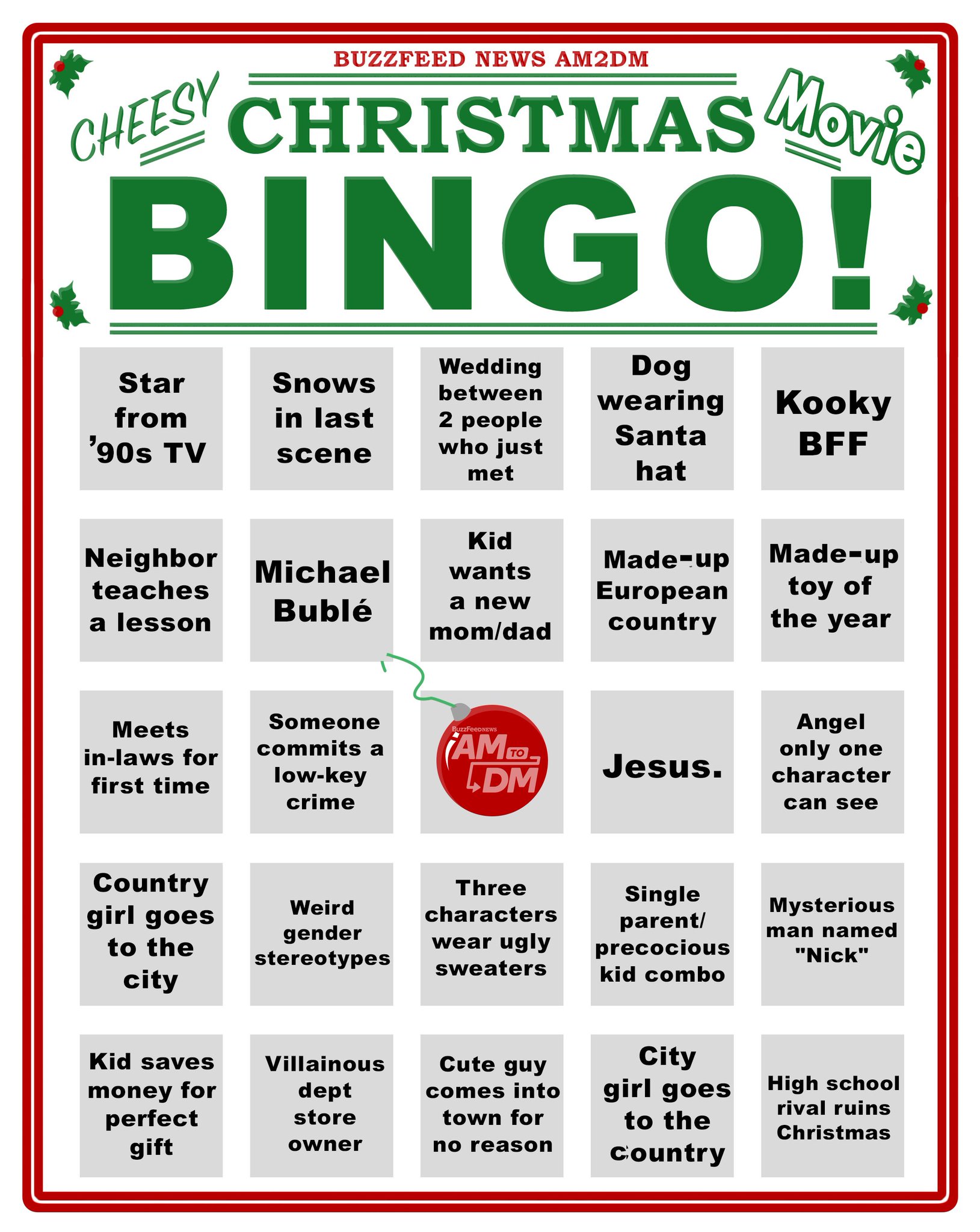 AM2DM by BuzzFeed News on Twitter: "We made you *Hallmark Christmas Movie* Bingo  cards! Print them out to play at home. (more cards in replies)  https://t.co/k7KdW6PdrY" / Twitter