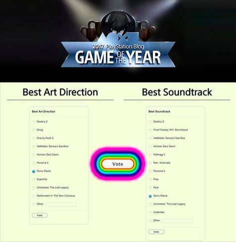 How cool! PlayStation nominated #SonicMania for Best Soundtrack and Best Art Direction! If you agree, please make your vote known here --> blog.us.playstation.com/2017/12/20/vot…